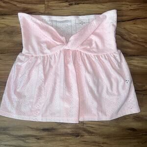 Pink Eyelet Tube Top Strapless Twist Front Babydoll Style Boho Cotton Size XS